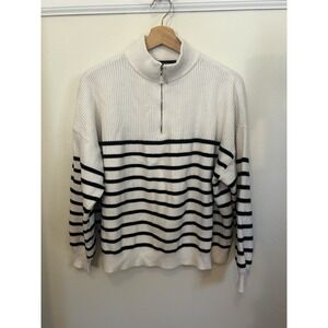 Mango MNG Women Beige Striped Half Zip‎ Sweater Jumper Pullover Size M